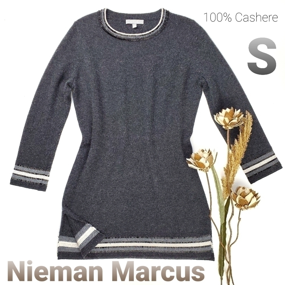 Neiman Marcus Cashmere Gray Beaded Cashmere Sweater Dress S